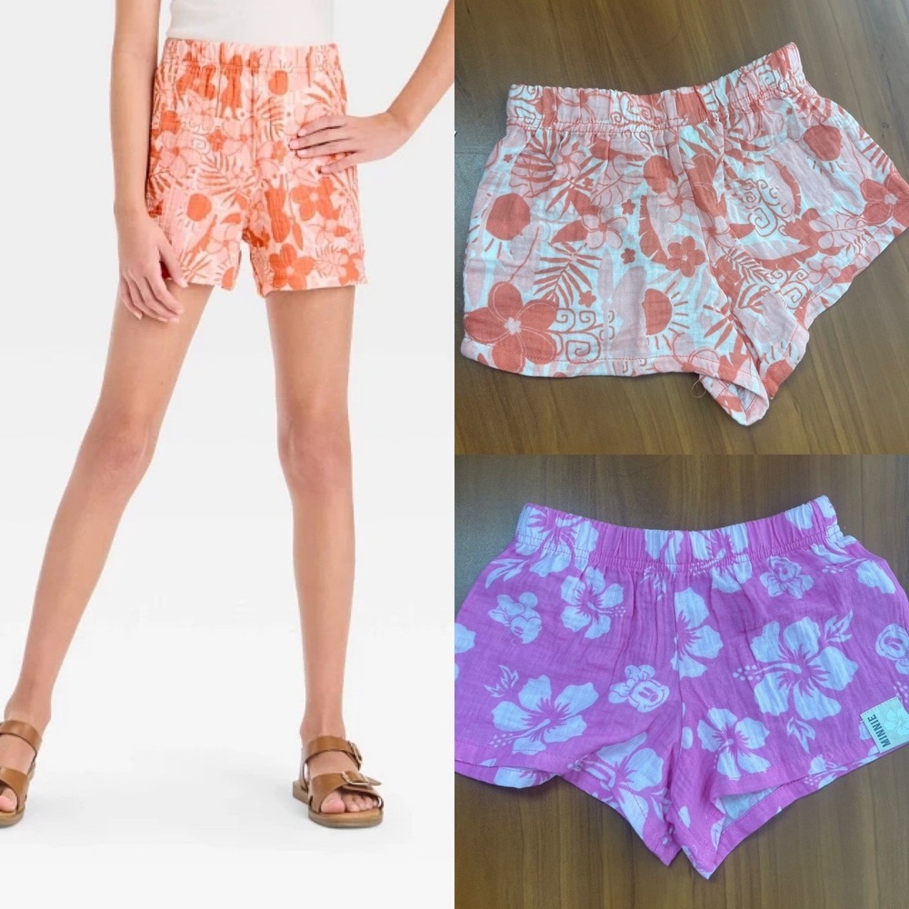 Disney Girls 2-Pack Moana 2 Minnie Mouse Gauze Shorts Pink Orange XS 4/5 Cotton